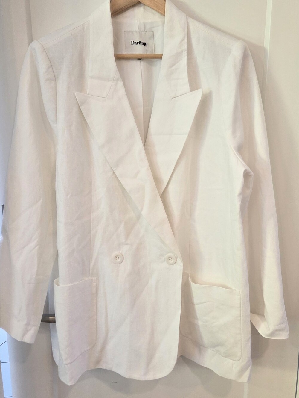 Darling White Linen Blend Double Breasted Blazer XL Coastal Minimalist Lagenlook